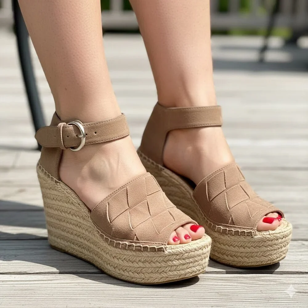 EUC Marc Fisher Adalla Jute Wedge Espadrilles Sandals Shoes Taupe Suede Size 8